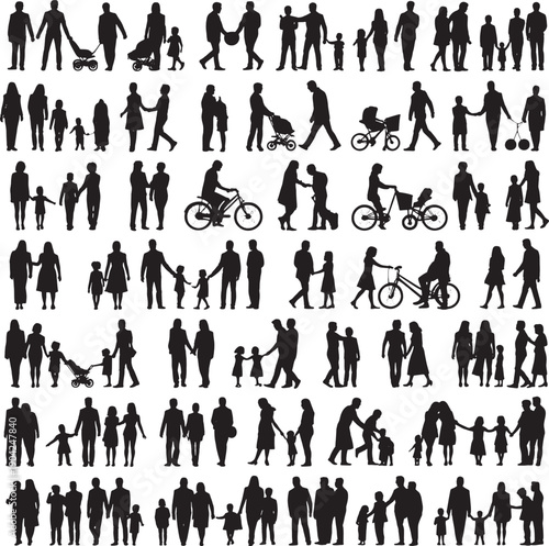 Collection of people walking and interacting with each other in various poses