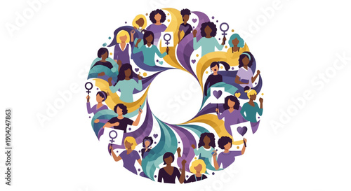 Illustration of diverse people forming a circle, symbolizing unity and women's rights activism on Susan B. Anthony Day in America.