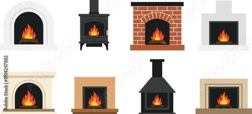 Collection of eight fireplace vector illustrations in diverse architectural styles, burning fire designs for interior decoration, home heating, and cozy lifestyle themes