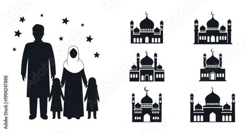 Muslim Family and Mosques Silhouette Collection.