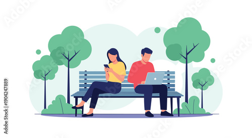 Man and woman sitting back to back on a park bench while distracted by their laptop and phone in a green outdoor garden setting.
