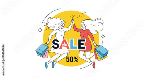 Two excited women jumping and high-fiving with shopping bags in hand to celebrate a fifty percent discount sale and great deals.