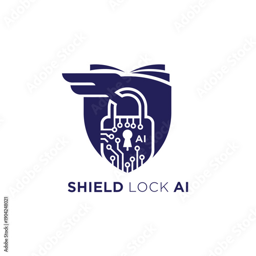Shield with wolf head and circuit padlock icon for cybersecurity and artificial intelligence services logo featuring Shield Lock AI