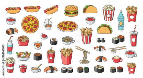 Extensive set of fast food and snack icons featuring pizza and burgers with sushi and tacos for restaurant menu design projects.