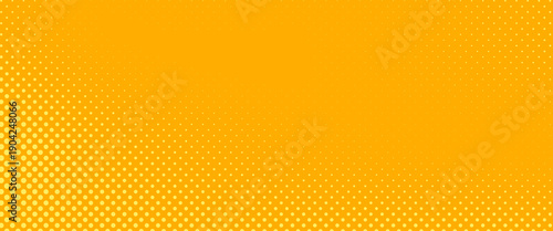 Yellow halftone pattern. Retro comic gradient background. Bright orange pixelated dotted texture overlay. Cartoon pop art faded gradient pattern. Vector backdrop for poster, banner, advertisement