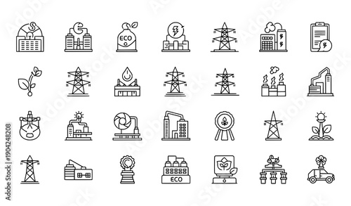 Eco renewable energy infrastructure outline icon set vector