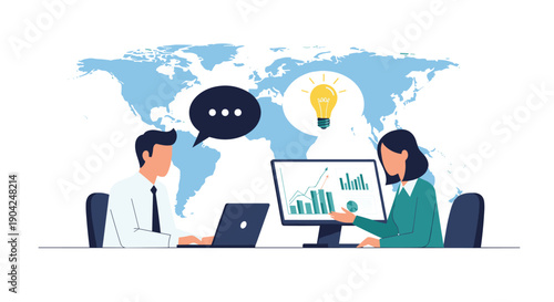 Professional team working on global business projects with laptops and data monitors in front of a blue world map and idea icons.