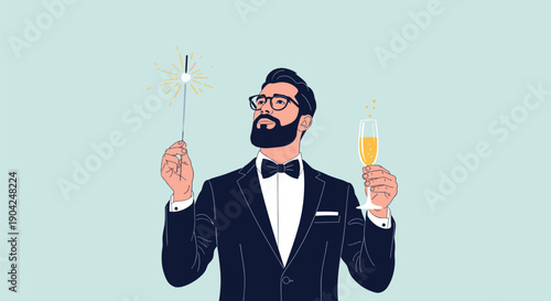 Sophisticated man in a tuxedo holding a champagne glass and a sparkling firework for an elegant New Year celebration or party event.