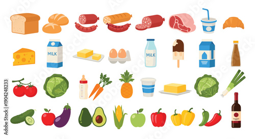 Wide variety of colorful grocery icons including fresh vegetables and fruit with dairy and meat products for balanced diet themes.