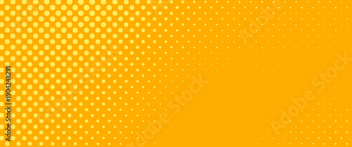 Yellow halftone pattern. Retro comic gradient background. Bright orange pixelated dotted texture overlay. Cartoon pop art faded gradient pattern. Vector backdrop for poster, banner, advertisement