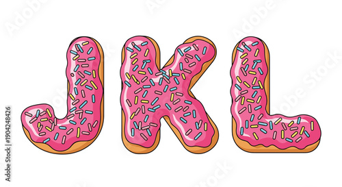 Alphabet letters J, K, and L designed as pink glazed donuts with colorful sprinkles for a fun typography concept.