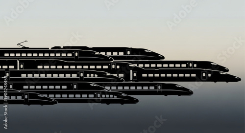 Multiple high speed trains moving forward together in a line.