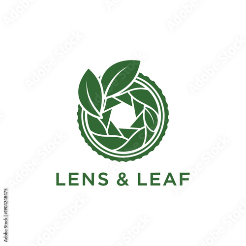 Green leaf camera shutter aperture logo for nature photography and environmental branding featuring the text Lens & Leaf