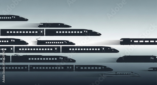 Multiple high-speed trains moving in the same direction.