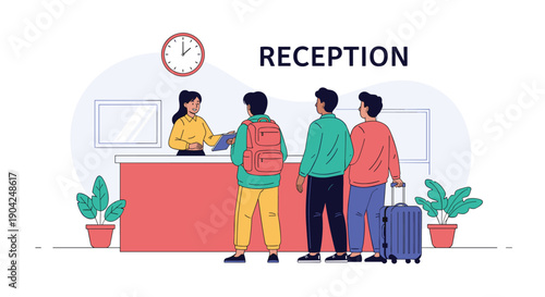 People standing in a queue at a reception desk with a clerk providing assistance in a professional building lobby.