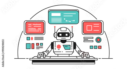 A modern robot works diligently at a computer station surrounded by multiple monitors displaying various data and interfaces, symbolizing advanced automation and artificial intelligence in a