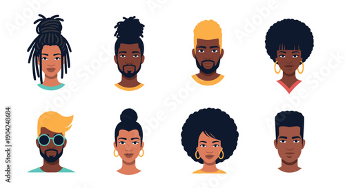 Group of diverse african american faces showing different hairstyles and features in a clean portrait collection.