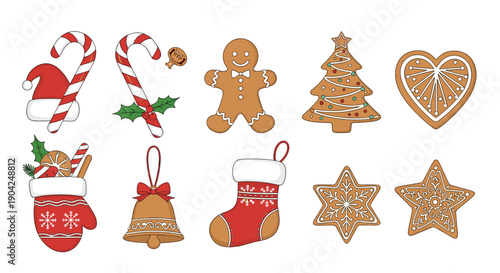 Set of traditional christmas gingerbread cookies in various shapes like stars, hearts, trees, and gingerbread man.