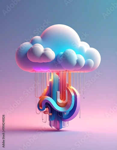 Colorful digital rendering of a cloud with rain-like streams. Aesthetic, minimalist design