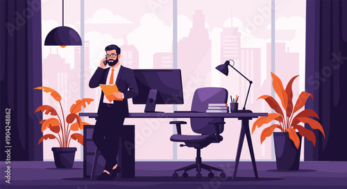 Businessman talking on his smartphone while standing in a modern office with a city skyline view in the background.