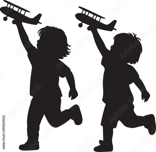 Children playfully reaching for toy airplanes a joyful childhood scene silhouette