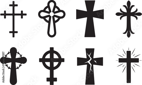 Christian cross silhouette icon set – filled style religious symbols for faith and spirituality, celtic cross, crucifix, inri, thorn crown, ornate cross, plain cross, broken cross, radiant cross