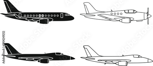 Airplane silhouette and outline collection featuring commercial jets and propeller aircraft in vector illustration design for aviation projects and educational purposes