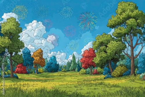 Wallpaper Mural green grass, trees, and a blue sky with colorful fireworks in the distance. Torontodigital.ca
