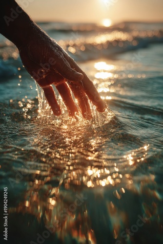 Wallpaper Mural a closeup of a hand gently touching water, with sunlight reflecting on it. the background is a tranquil sea under a soft golden light. Torontodigital.ca