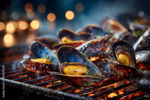 Wallpaper Mural mussels on a grill, against a dark background with lights. Torontodigital.ca
