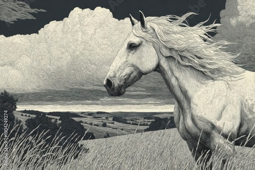 Wallpaper Mural a majestic white horse with a flowing mane, standing in tall grass on the prairie, under an overcast sky. Torontodigital.ca