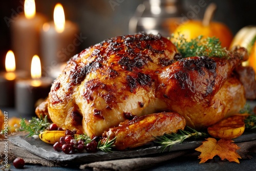 Wallpaper Mural a mouthwatering turkey for the dinner on a visually appealing background with candles and autumn leaves Torontodigital.ca