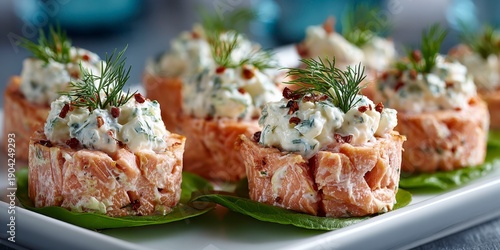 Wallpaper Mural delicious mini salmon salad cups with dill garnish, on an elegant white platter for a sophisticated event or business party Torontodigital.ca