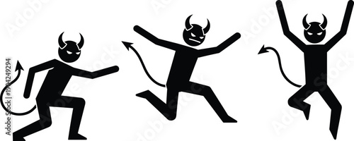 Black devil stick figure icons set featuring horned demon characters in various active poses like running, jumping, and creeping forward