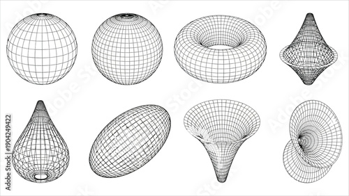 Retro-futuristic 80s wireframe illustrations with abstract grids and cyberpunk technology vibes. Vector graphic element pack.