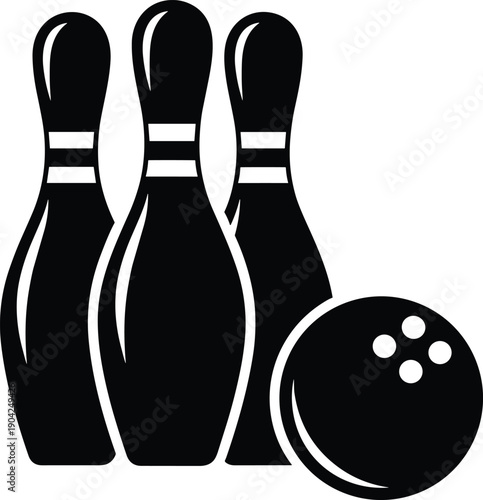 Black and white bowling icon featuring three pins and a bowling ball, representing sports, leisure, competition, strikes, and indoor recreation activity