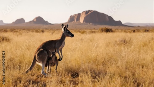 Kangaroo and joey in arid grassland with mesa backdrop, bathed in warm sunlight