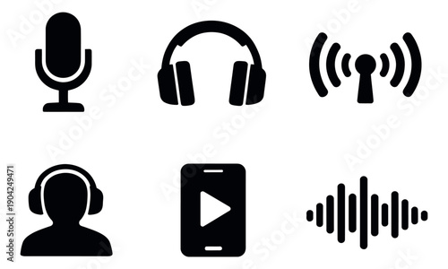 Modern digital audio icon set featuring a microphone, headphones, broadcast antenna, sound wave, smartphone media player, and a podcast listener for online content and digital communication