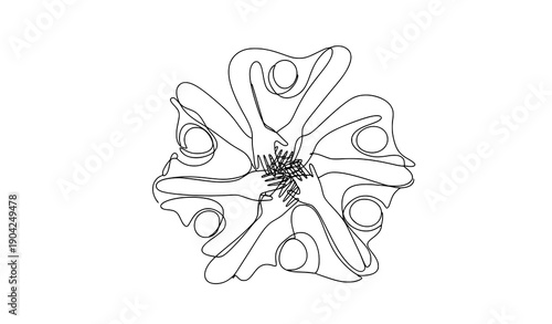Teamwork hands together continuous line drawing unity collaboration vector