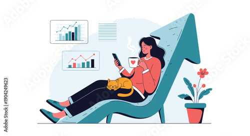 Woman relaxing on a giant arrow-shaped chair while checking her phone and drinking coffee with her cat sleeping nearby.