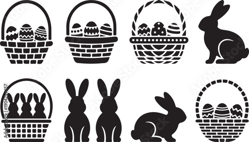 Collection of Easter baskets with eggs and bunny silhouettes in decorative black and white style for holiday design, illustration, and seasonal artwork