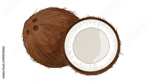 Whole brown coconut and a half with white flesh showing the shell texture and internal part on white background.