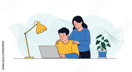 Young woman supporting a man while he works on a laptop in a comfortable and modern home office setting.