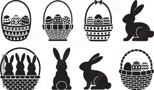 Collection of Easter baskets with eggs and bunny silhouettes in decorative black and white style for holiday design, illustration, and seasonal artwork