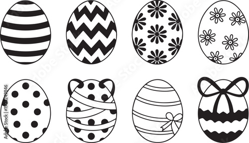 Collection of eight decorative easter egg silhouettes with various patterns isolated on transparent background
