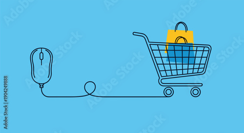 Online shopping concept showing a computer mouse connected to a shopping cart with paper bags on a blue background.