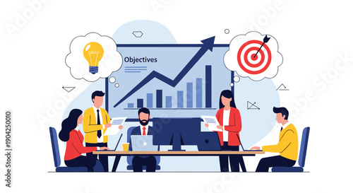 Business team meeting around a table to discuss objectives with icons for ideas and targets in thought bubbles.