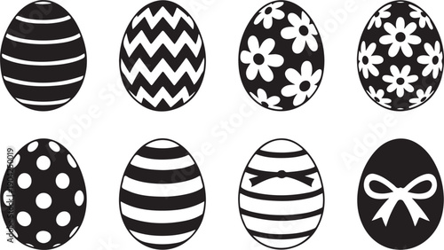 Collection of eight decorative easter egg silhouettes with various patterns isolated on transparent background