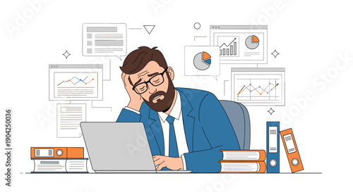 Stressed businessman sitting at his desk surrounded by various data charts and documents in a modern office.