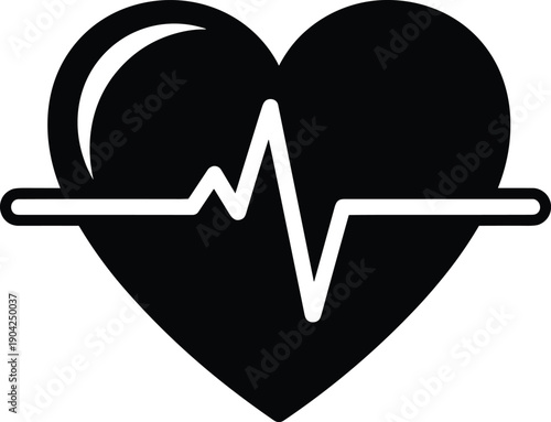 Black Heart Icon with Pulse Line, Electrocardiogram Heartbeat Symbol for Medical Health, Cardiology Research, Fitness Tracking, and Emergency Healthcare Services